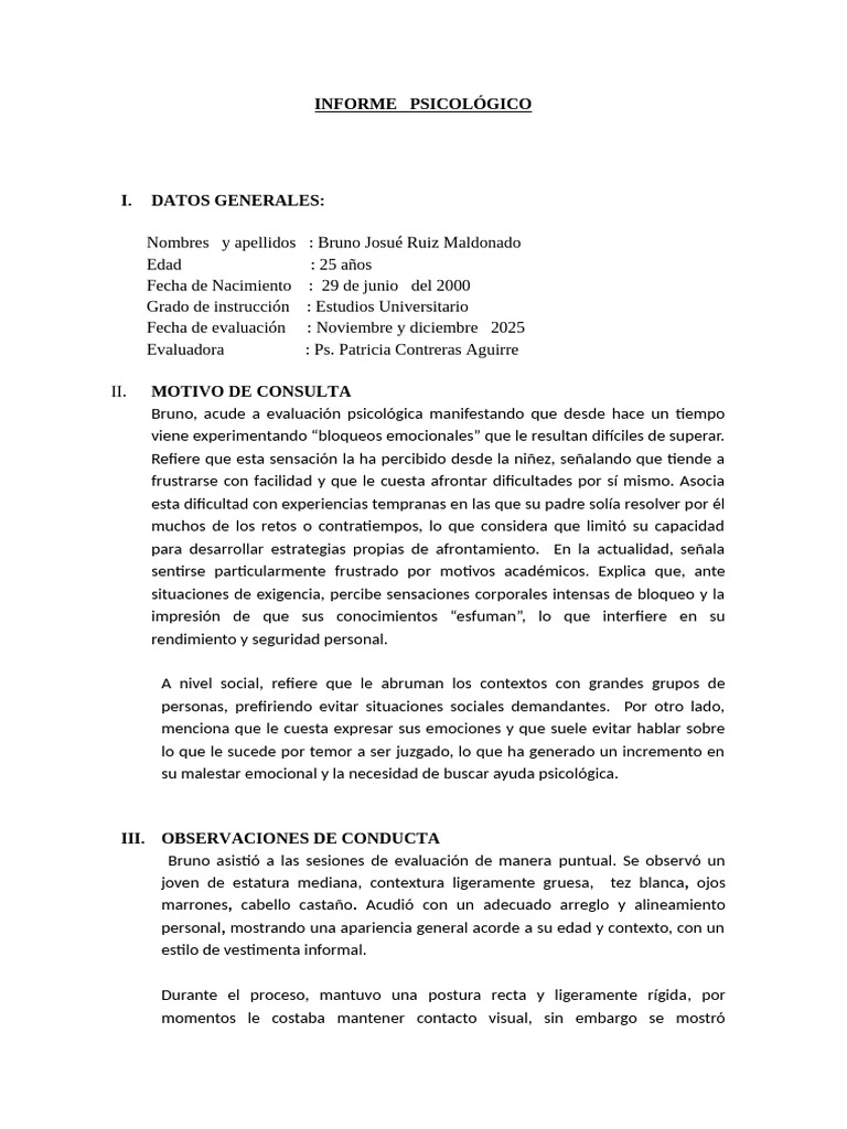 Informe Psicológico de Bruno Ruiz | PDF | Ansiedad | Las emociones