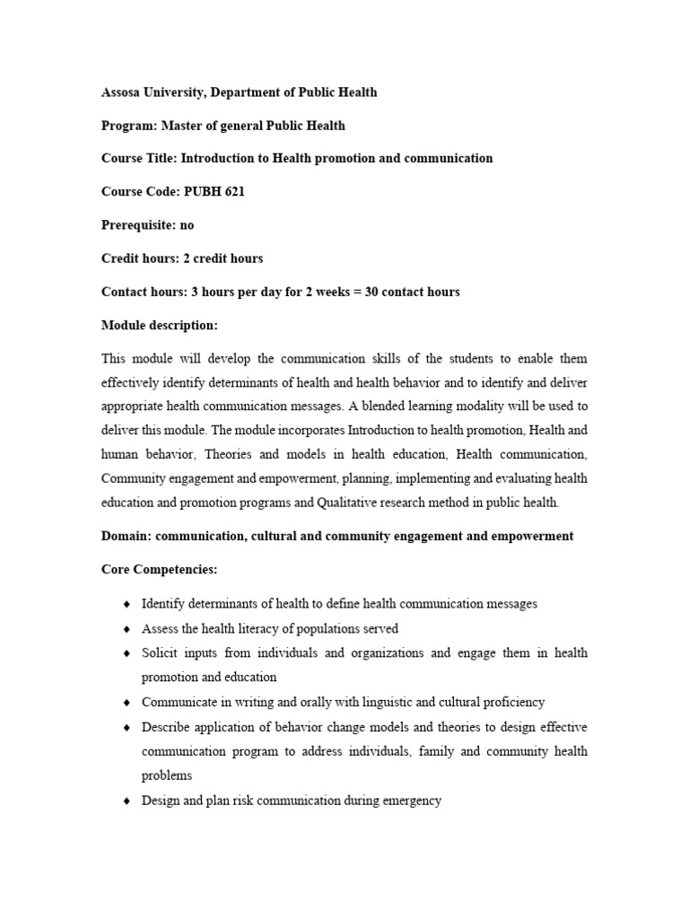 Health Promotion & Communication Course | PDF | Health Promotion ...