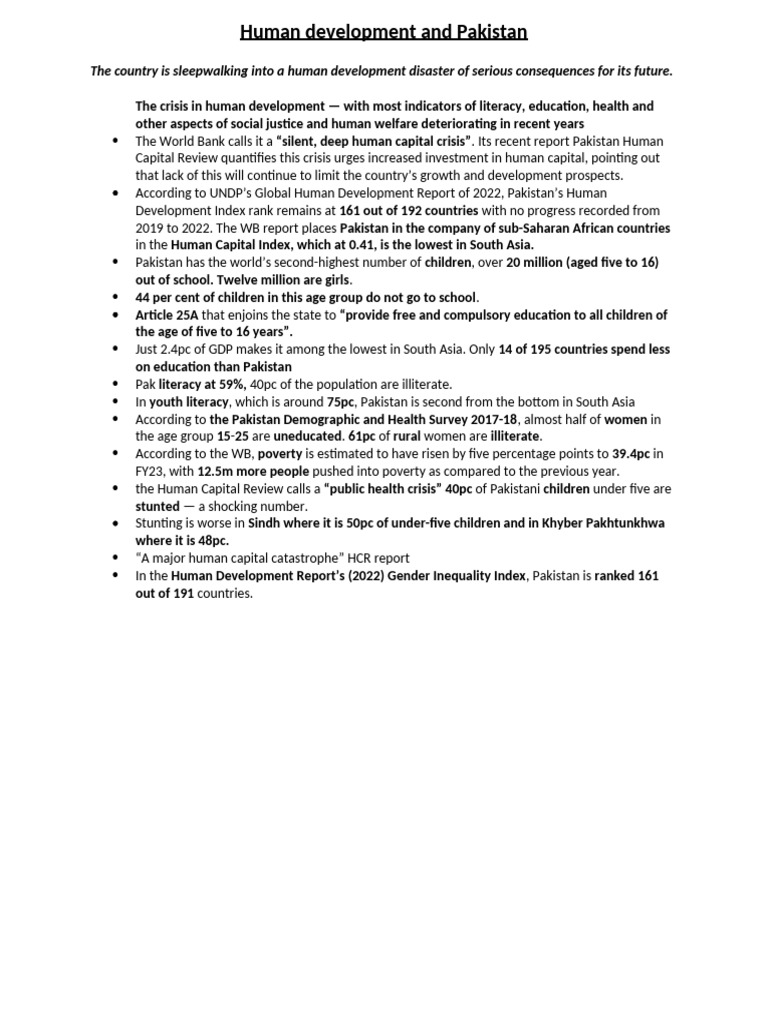 Human Development Crisis in Pakistan | PDF