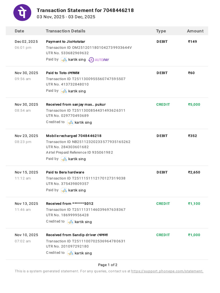 Transaction Statement for 7048446218 | PDF | Debit Card | Payments