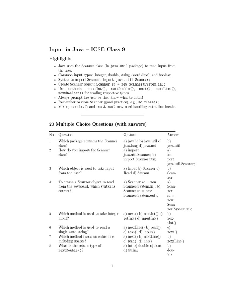 Java Input Basics for ICSE Class 9 | PDF | Integer (Computer Science ...