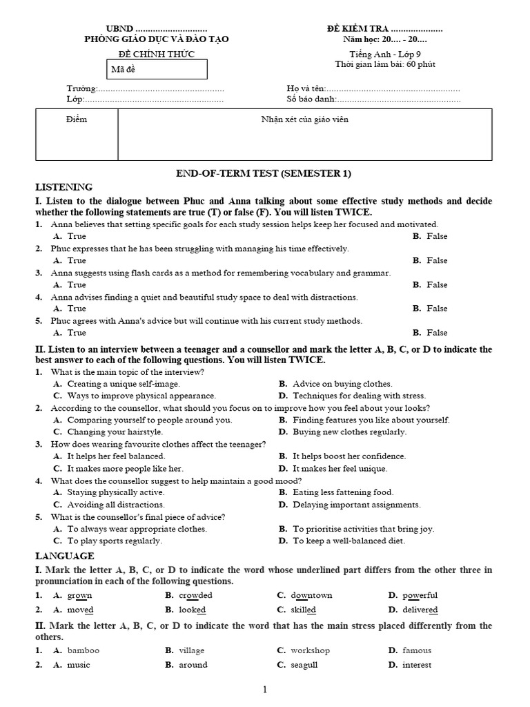 English Test for 9th Grade Students | PDF | Adolescence