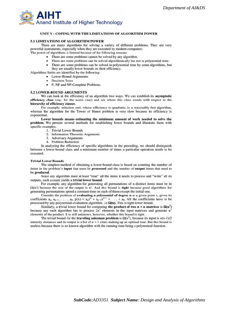 Design and Analysis of Algorithms AD3351 | PDF | Computing | Artificial ...