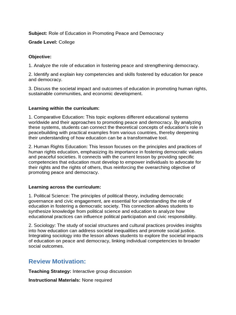 Lesson - Plan - Role of Education in Promoting Peace and Democracy ...