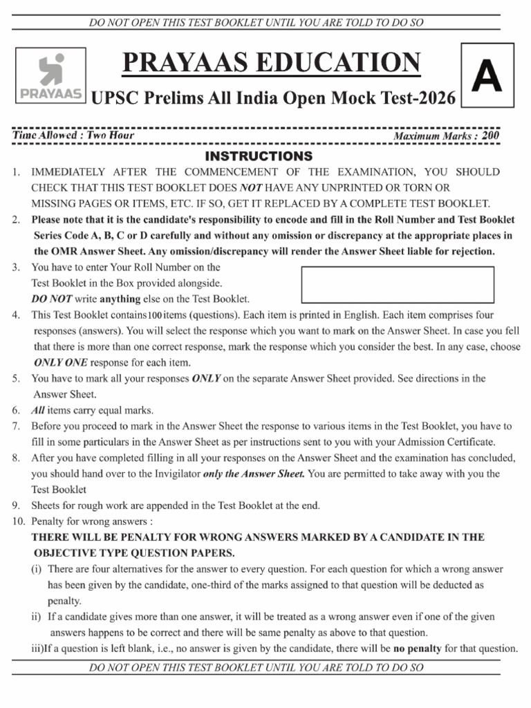 PRAYAAS Education All India Open Mock Test GS-2026 | PDF