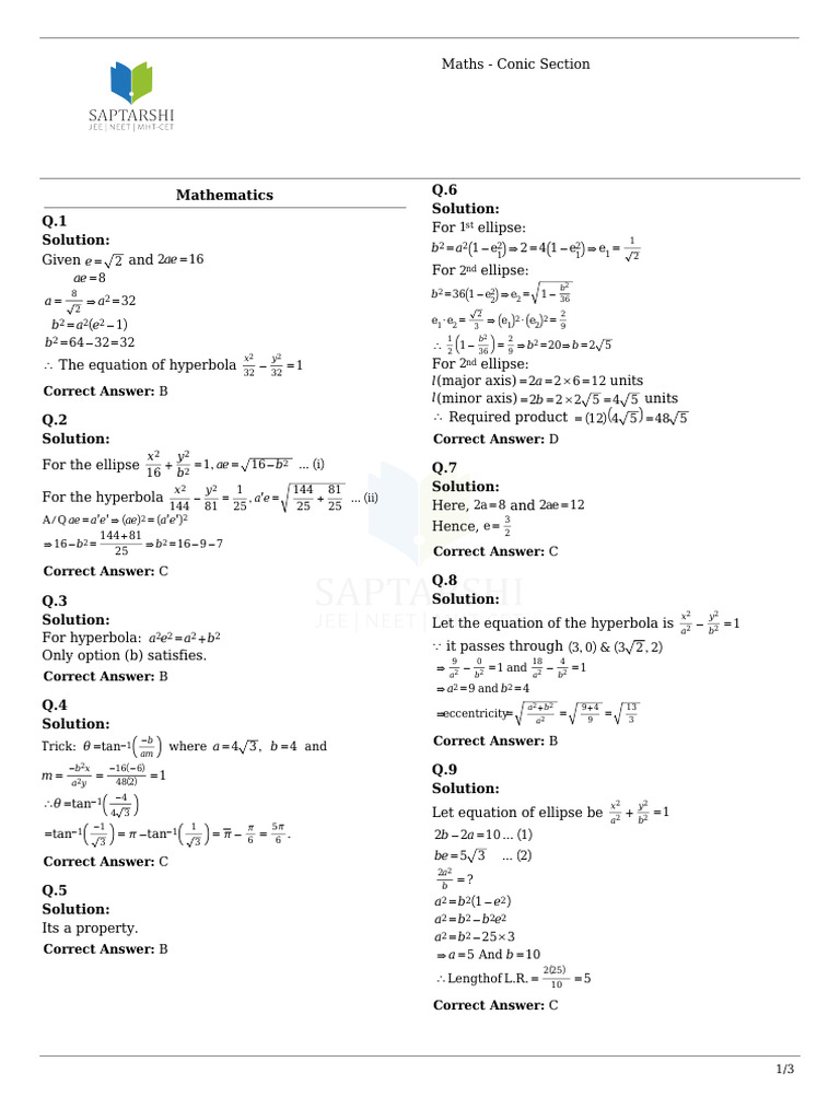 Conic Sections: Hyperbola and Ellipse Solutions | PDF | Euclidean Plane ...