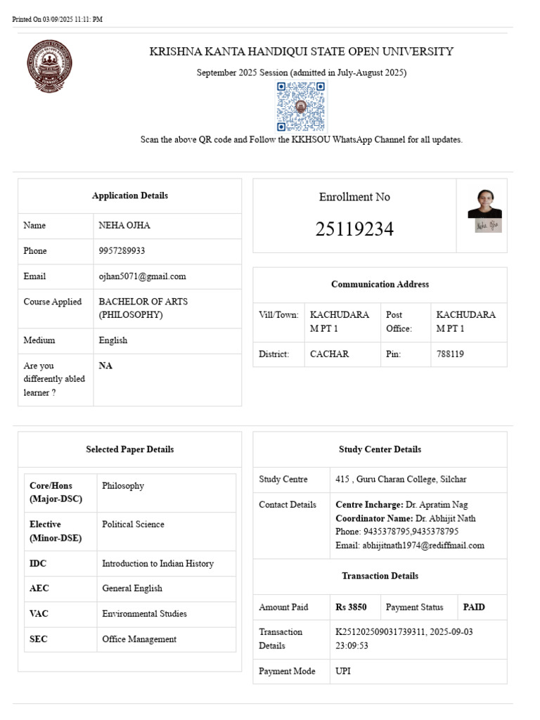 Neha Ojha's BA Philosophy Admission Details | PDF