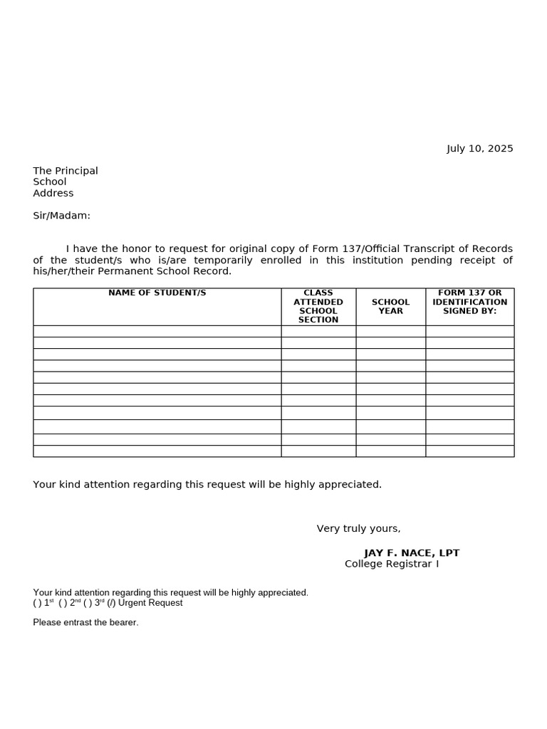 Request for Student Transcript Copy | PDF