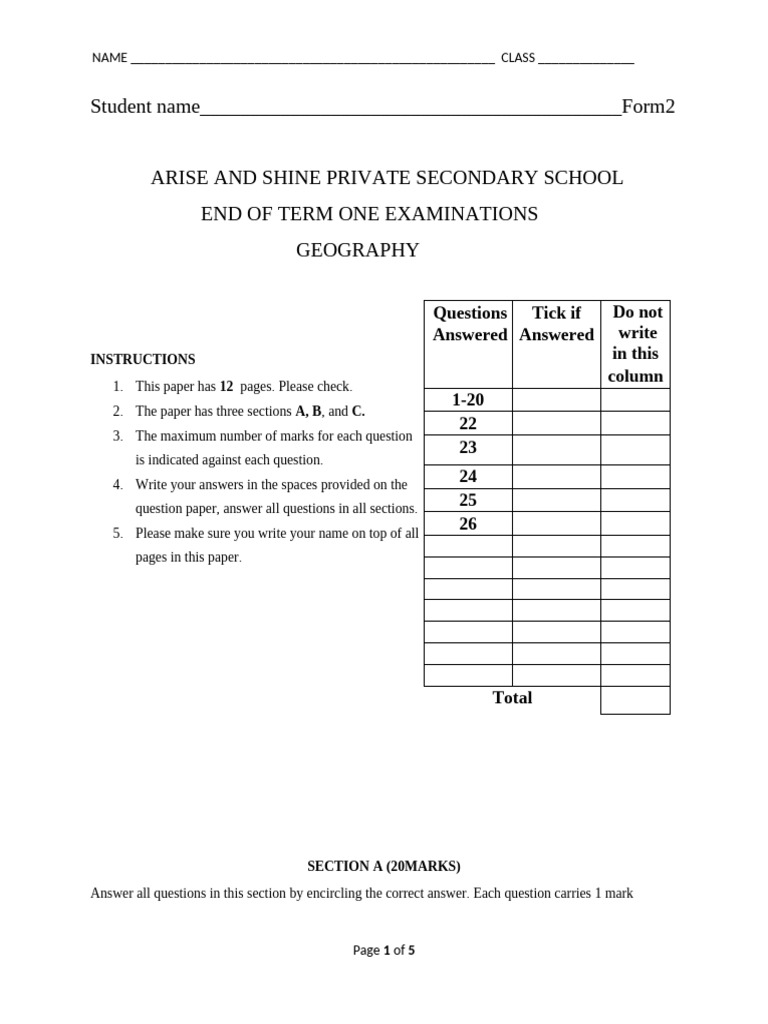Geography Exam Paper - Form 2 | PDF