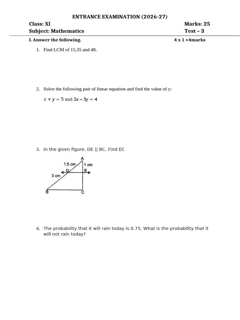 Class XI Mathematics Entrance Exam 2026-27 | PDF