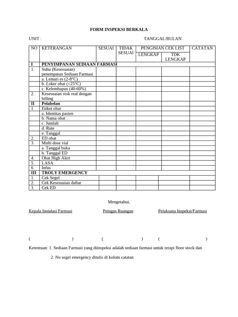 Formulir Inspeksi Sediaan Farmasi | PDF
