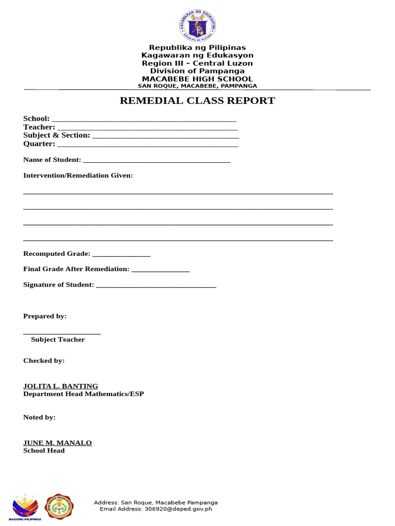 Macabebe High School Remedial Class Report | PDF