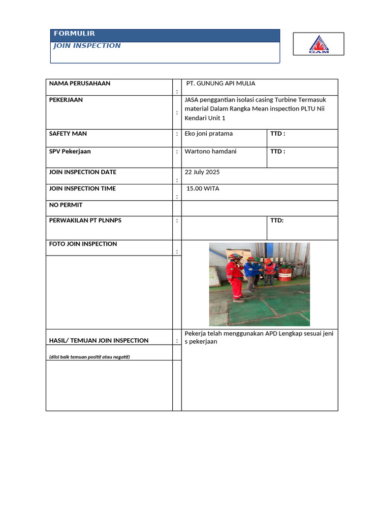 Formulir Join Inspection PLTU Kendari | PDF