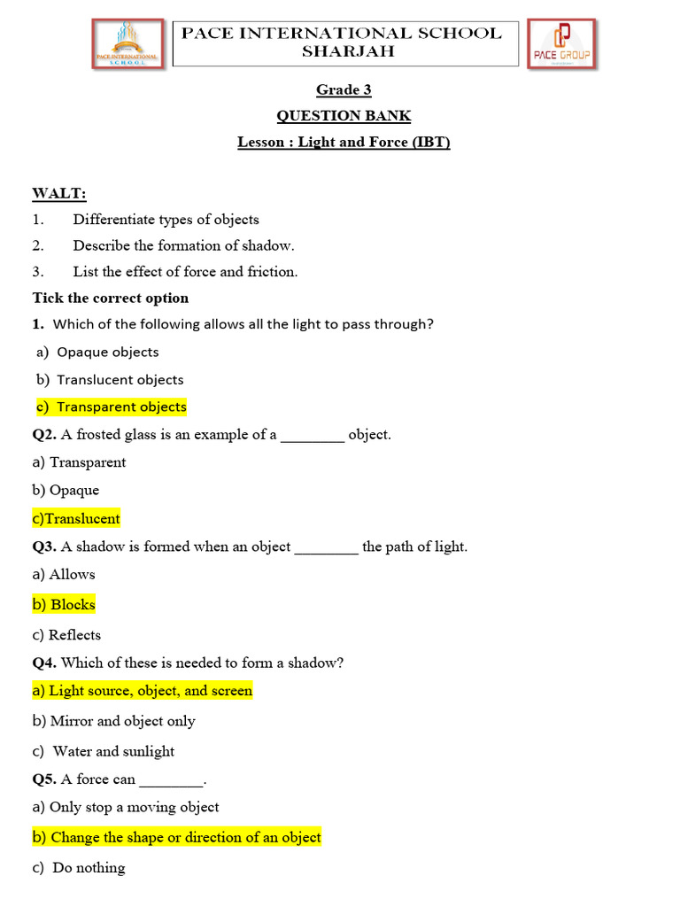 Grade 3 Light and Force Question Bank | PDF | Force | Friction