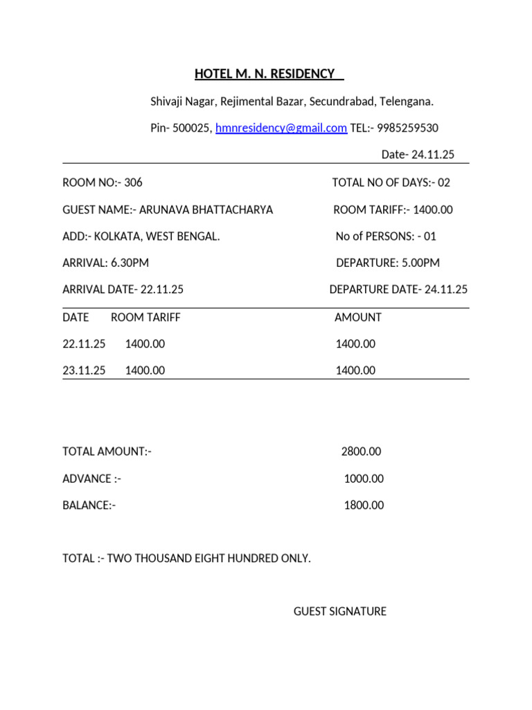 Hotel M.N. Residency Booking Invoice | PDF
