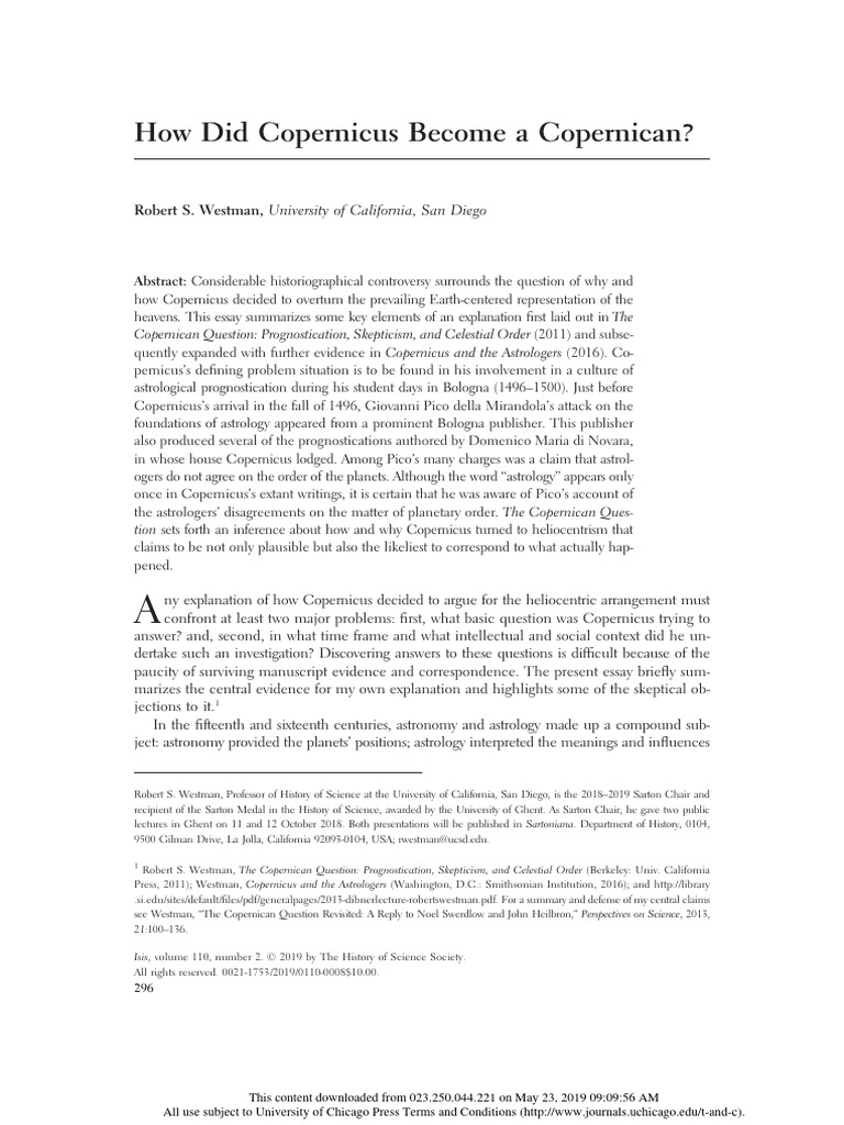 Westman-How Did Copernicus Become A Copernican | PDF | Nicolaus ...