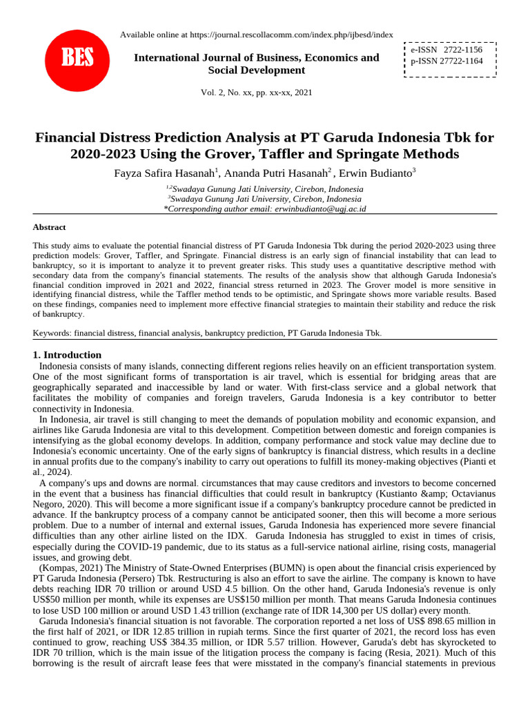 Financial Distress Prediction Analysis at PT Garuda Indonesia Tbk for ...