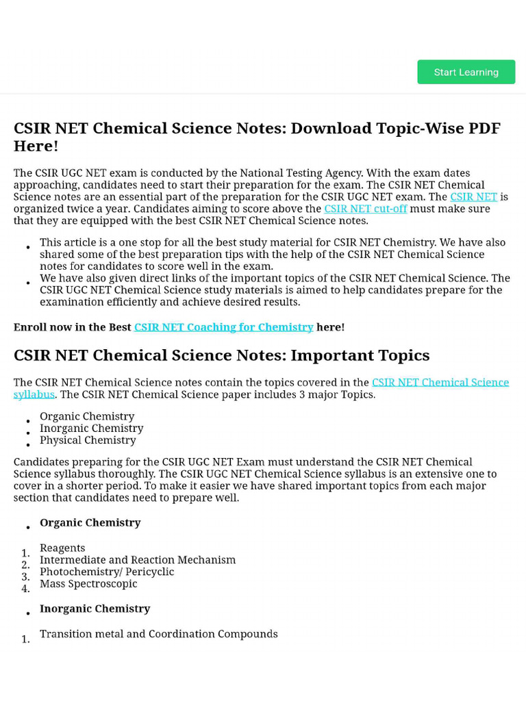 CSIR NET Chemical Science Notes - Download Topic-Wise PDF Here! | PDF