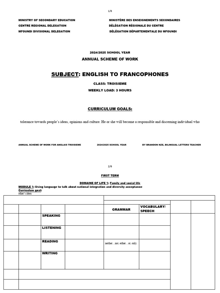 Annual English Curriculum for Troisième | PDF | Curriculum | Vocabulary