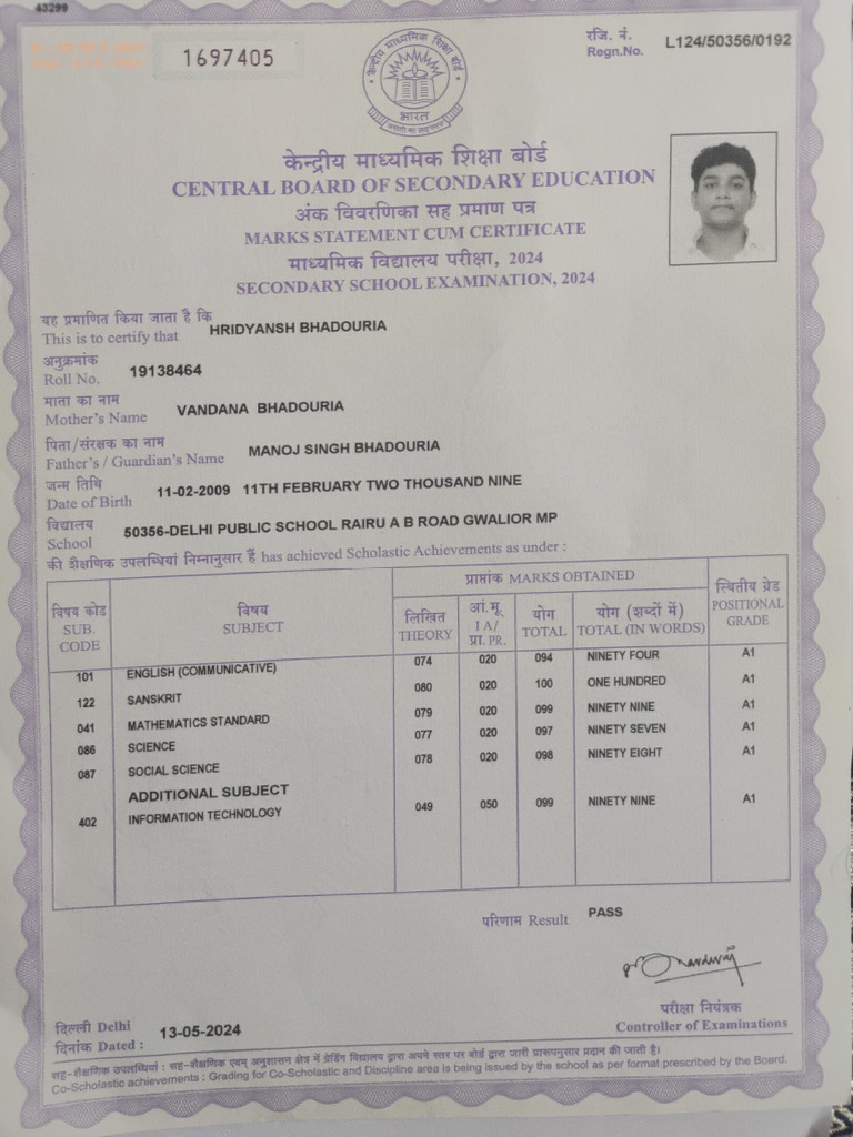 CBSE Secondary Exam Marks Certificate | PDF