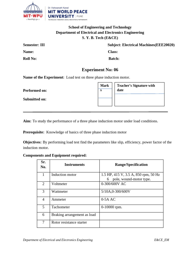 Experiment 6 - Load Test On Three Phase Induction Motor | PDF ...