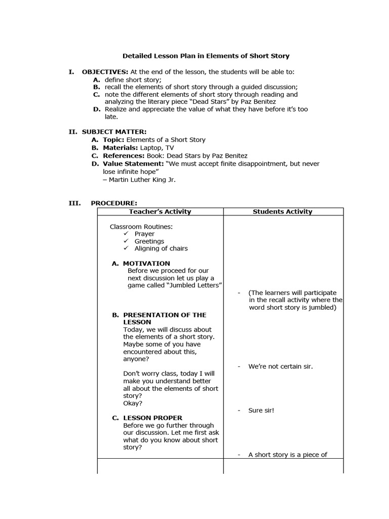 Elements of Short Story Lesson Plan | PDF | Plot (Narrative) | Definition