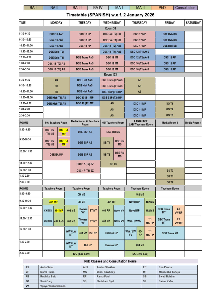 1.1.2026 - Tentative Spanish Timetable | PDF