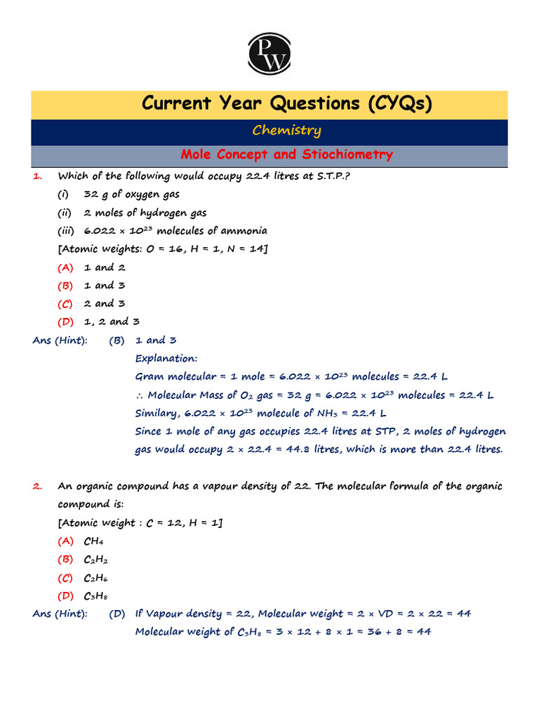 Chemistry Mole Concept Exam Questions | PDF | Mole (Unit) | Stoichiometry
