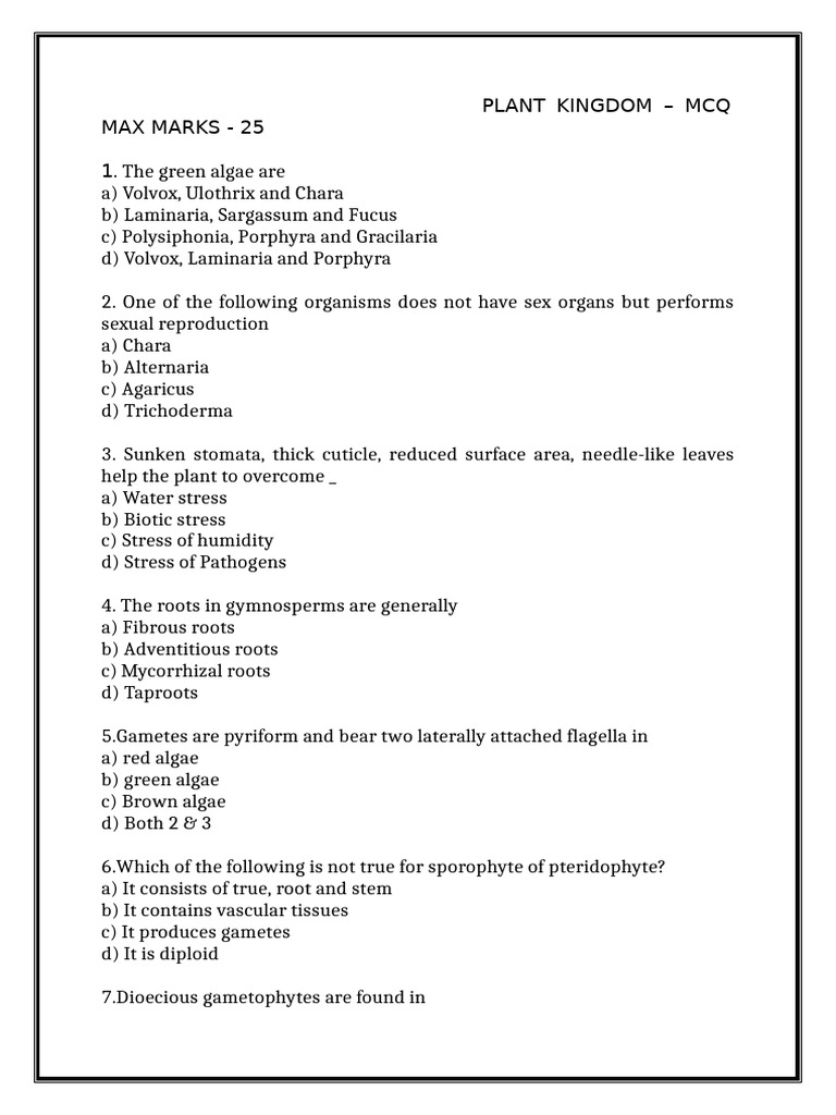 Plant Kingdom MCQ Quiz with Answers | PDF | Plant Reproduction | Biology