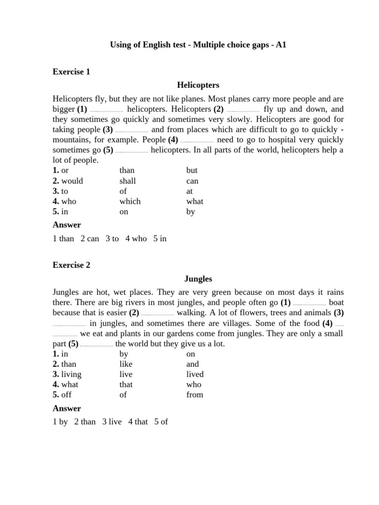 De Using of English Test - Multiple Choice Gaps - A1 - Cambridge - 04 | PDF