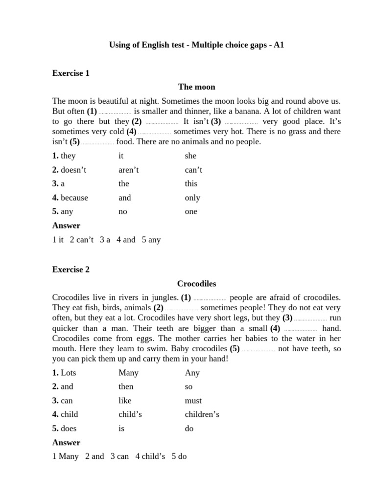 A1 English Test: Multiple Choice Gaps | PDF