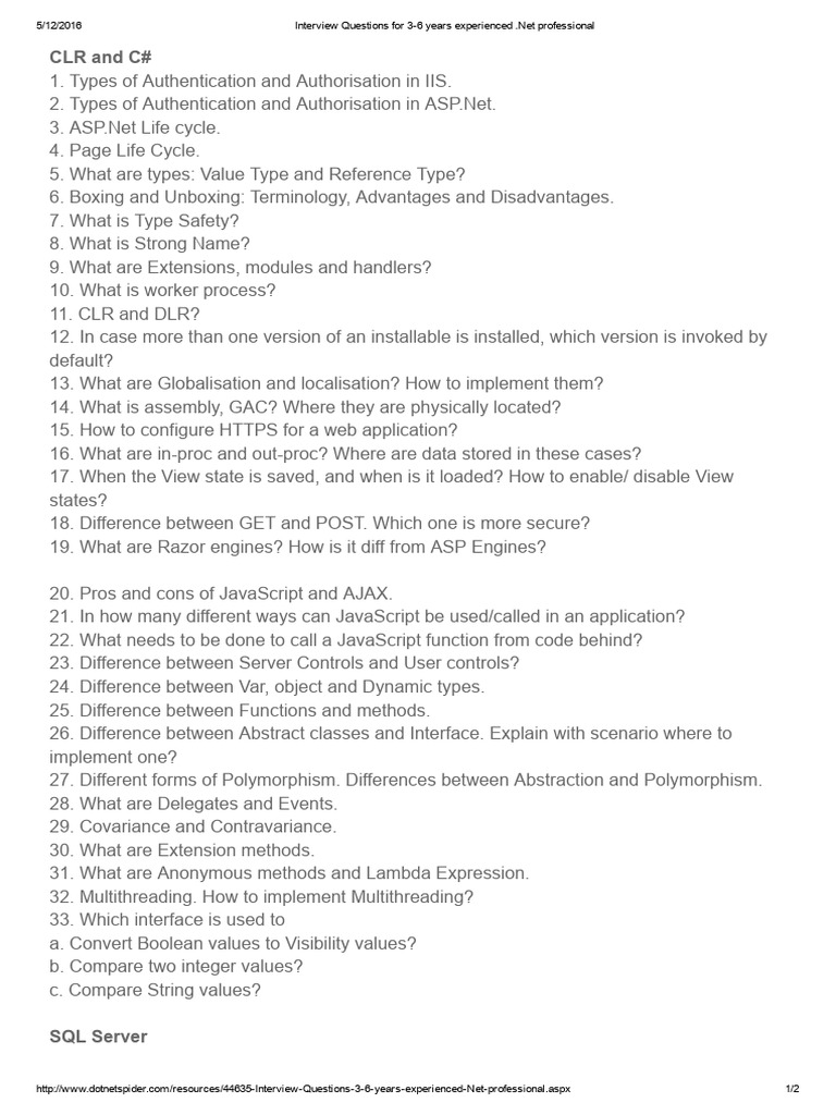 .Net Interview Questions for 3-6 Years | PDF | Computer Science ...