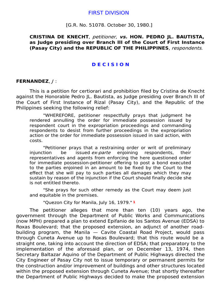 Expropriation Case: De Knecht vs. Bautista | PDF | Injunction | Complaint