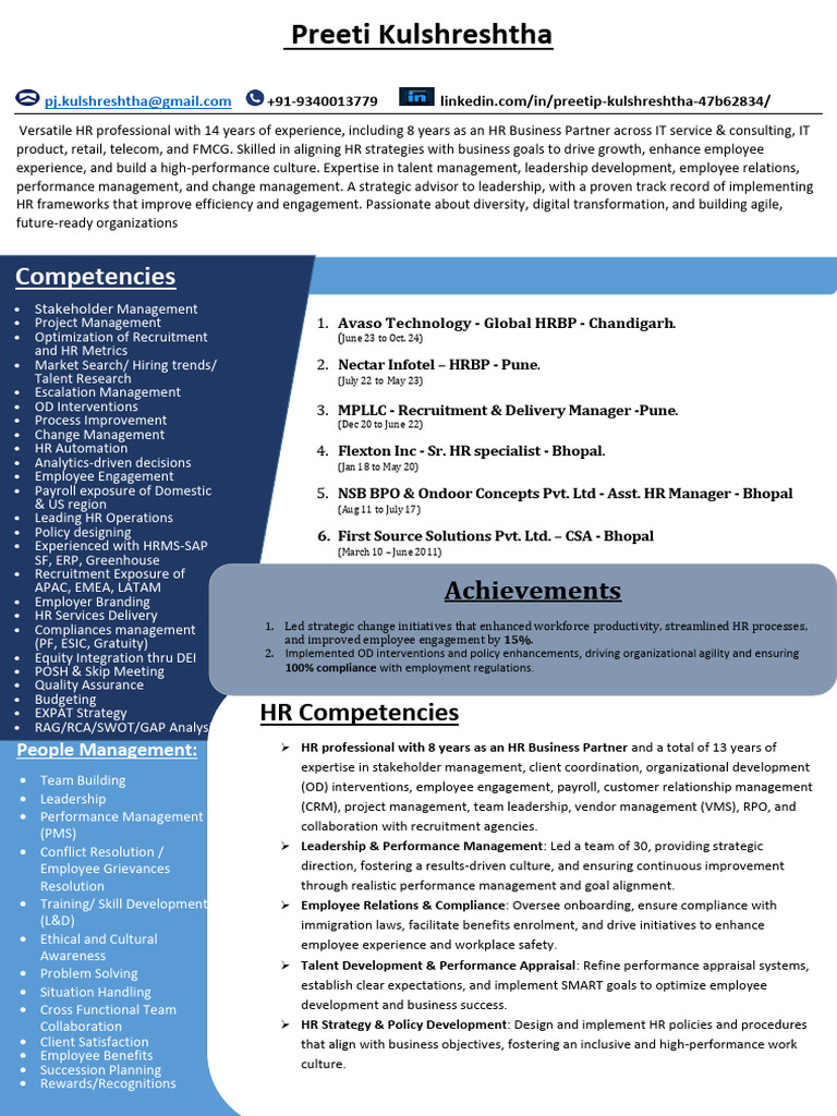 HRBP - Preeti Kulshreshtha - PDF - Resume | PDF | Human Resources ...