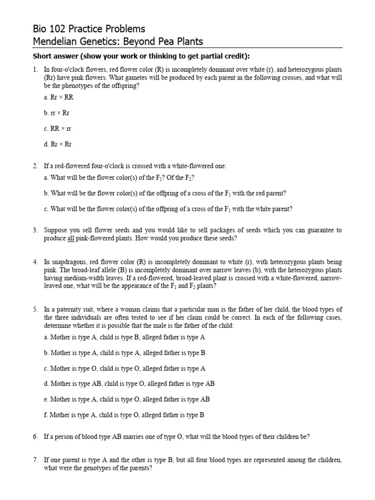Mendelian Genetics Practice Problems | PDF | Dominance (Genetics ...
