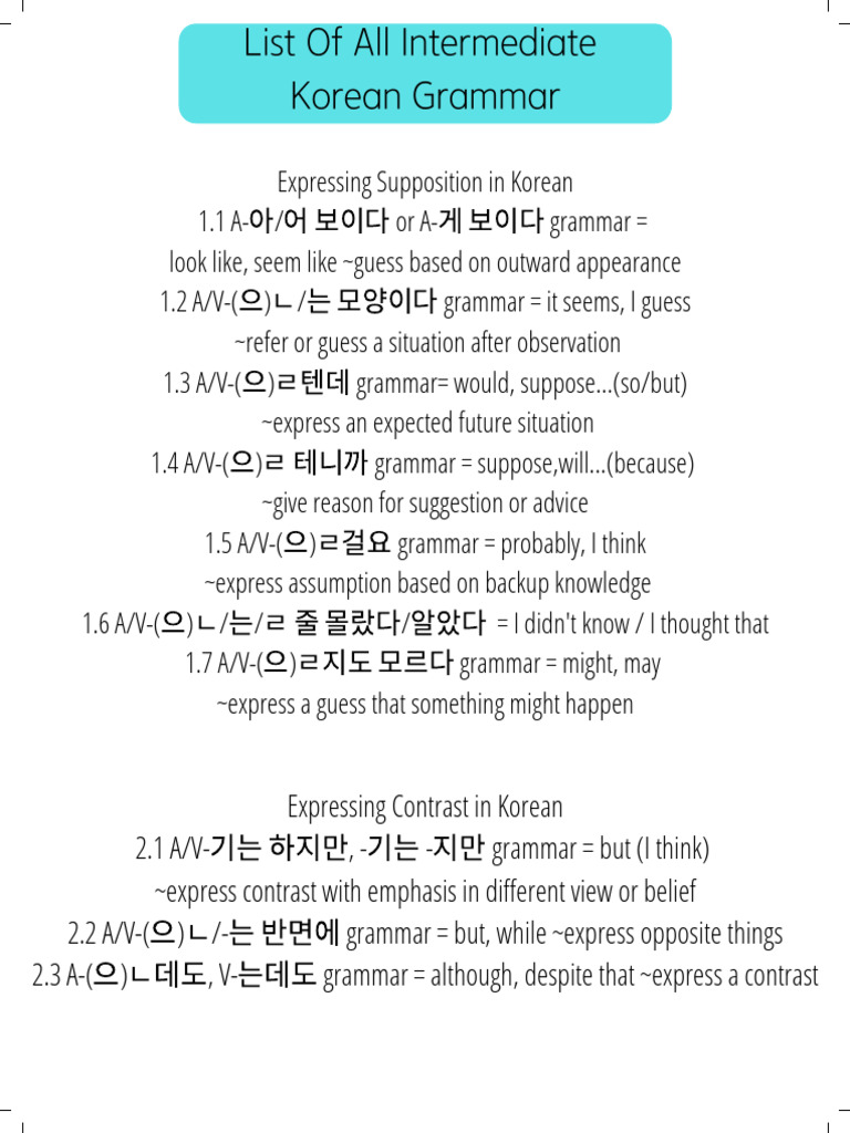 List of Intermediate Korean Grammar | PDF | Subject (Grammar) | Grammar