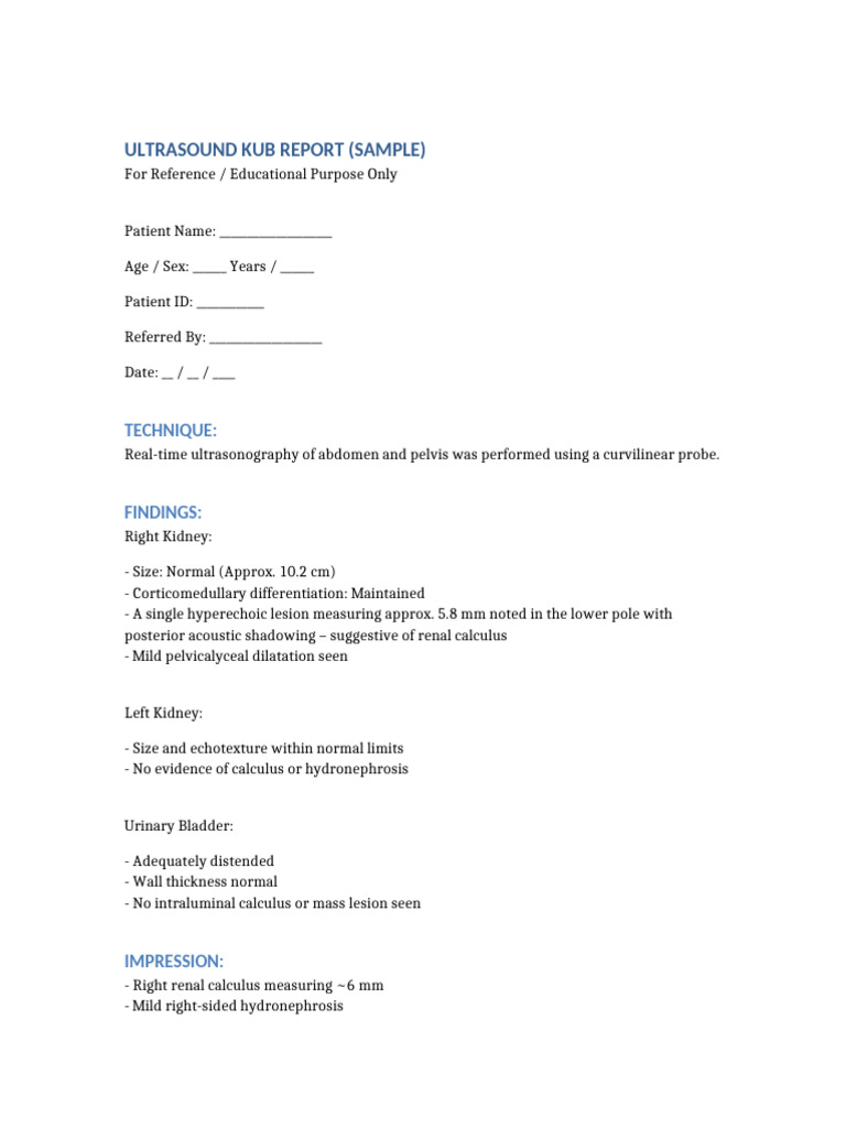 Kidney Stone Ultrasound Report SAMPLE | PDF