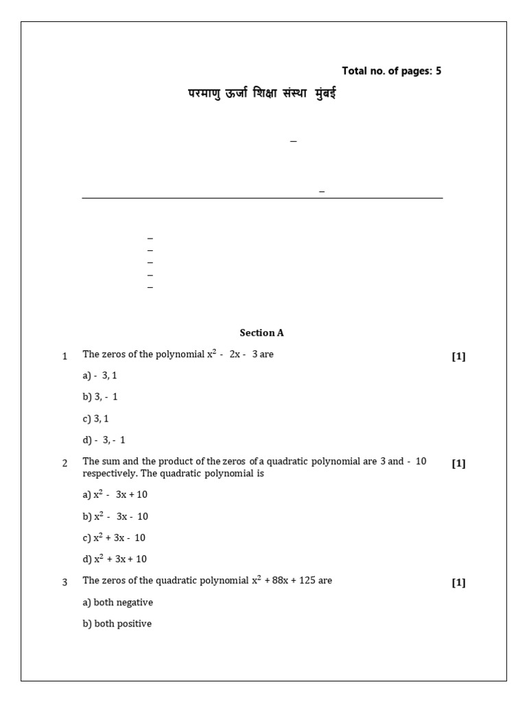 Class X Mathematics Worksheet on Polynomials | PDF | Polynomial | Zero ...