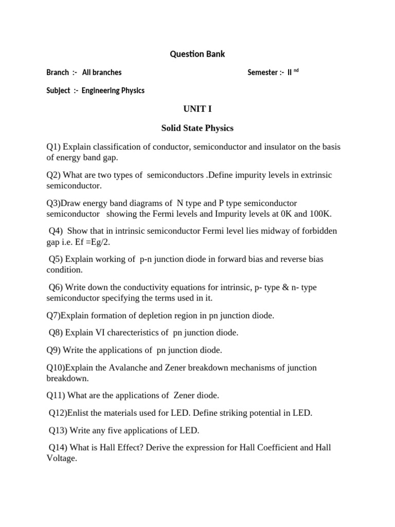 Engineering Physics Question Bank | PDF | Optics | P–N Junction