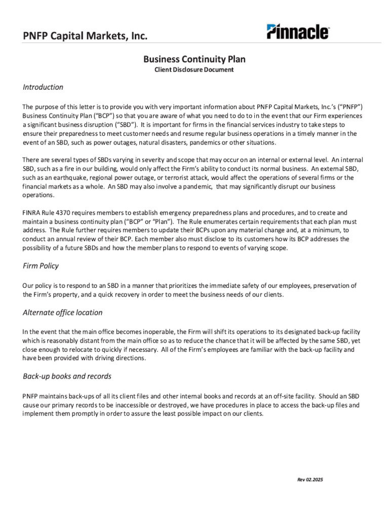 Stand Alone Business Continuity Plan Client Disclosure 22025 | PDF