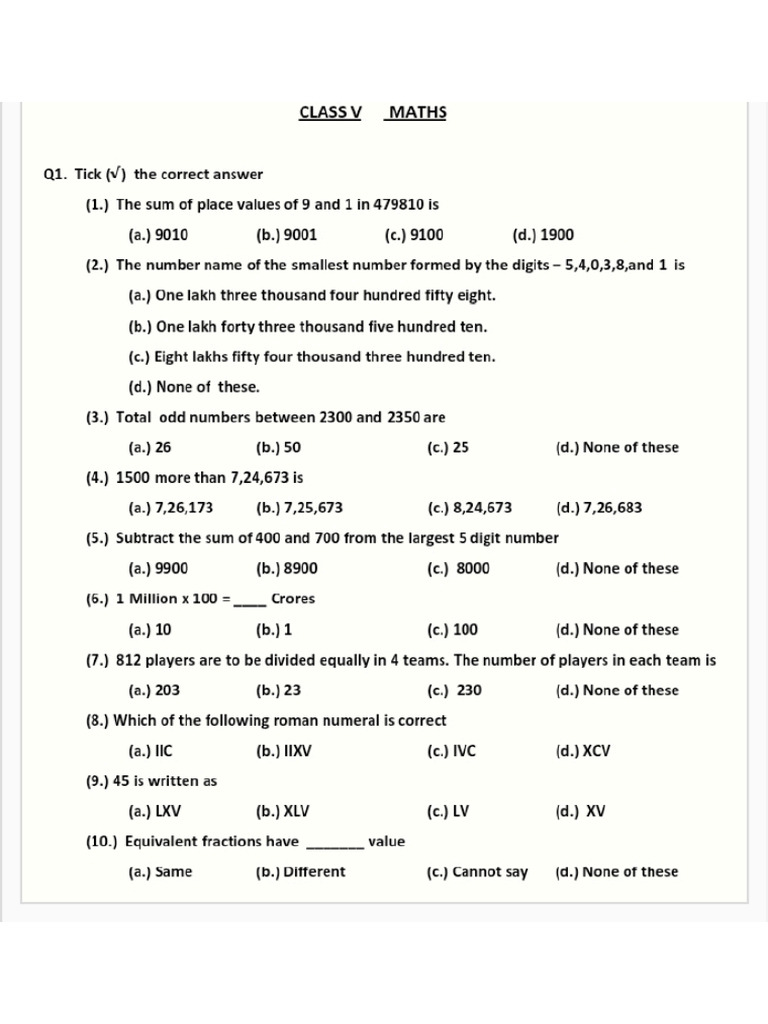 Class 5th Maths Homework | PDF