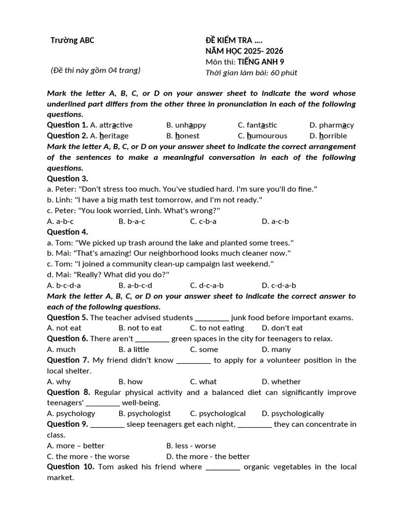 English Test for 9th Grade Students | PDF | Sleep | Adolescence