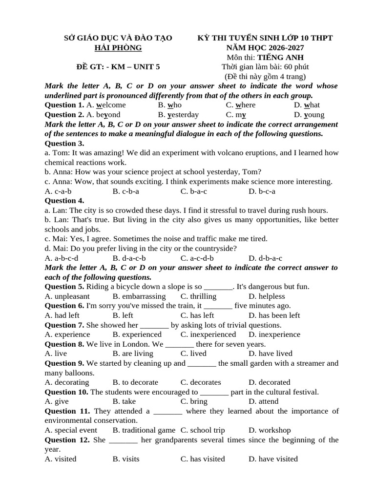 English Exam Paper for 10th Grade 2026-2027 | PDF