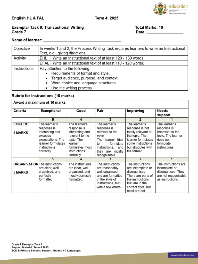 Term 4 Grade 7 Exemplar Task 9 2025 | PDF | Communication | Linguistics