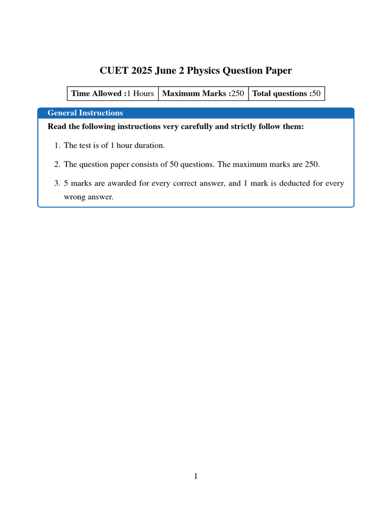 CUET 2025 Physics Question Paper | PDF | Force | Friction