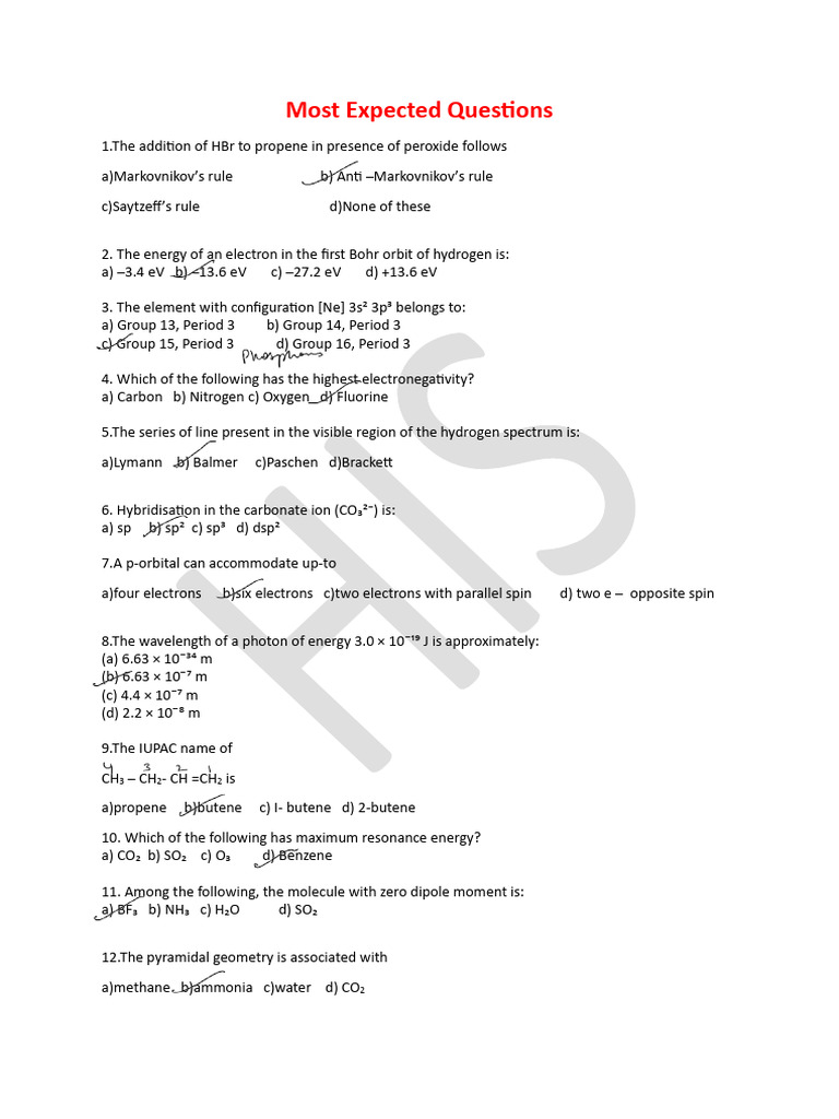 Chemistry Exam Practice Questions | PDF | Hydrogen | Atoms