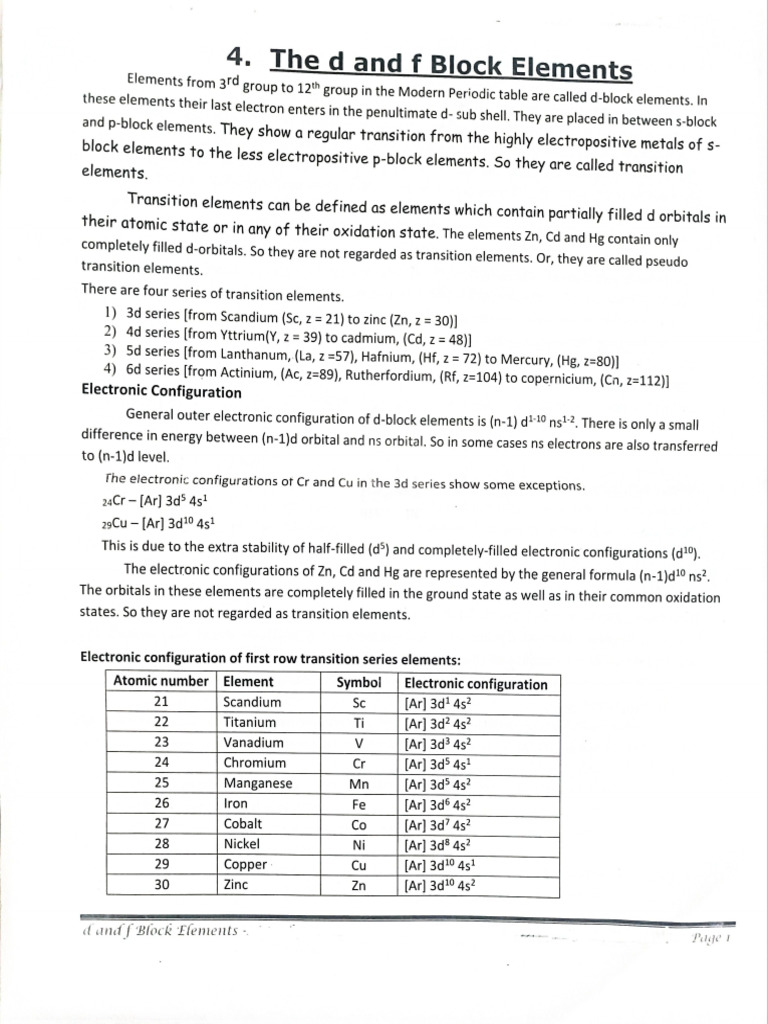D and F Block Elements Notes | PDF