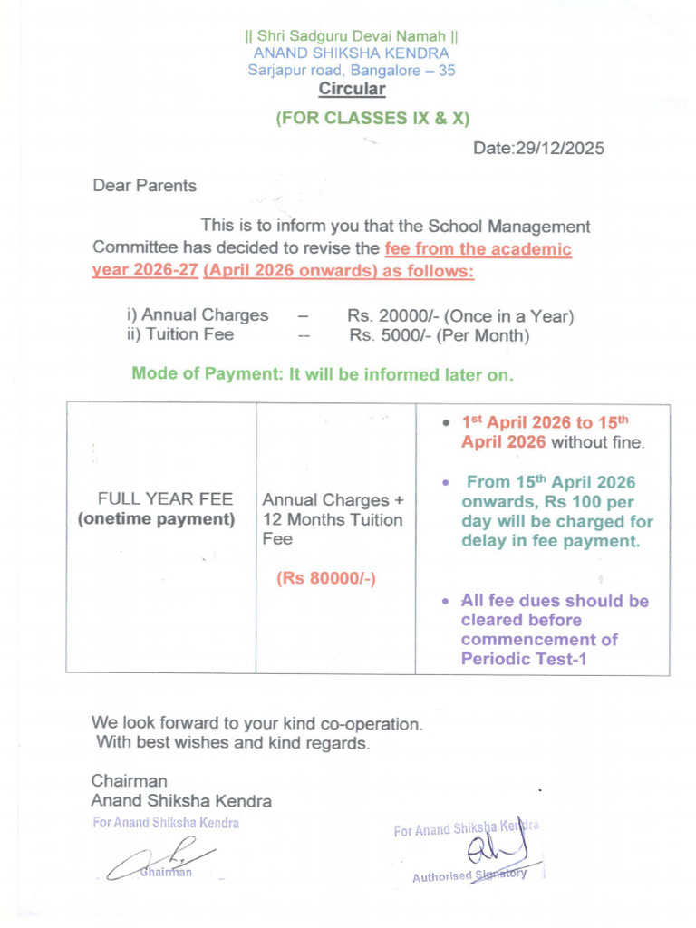 Revised Fee Circular For Classes IX & X | PDF
