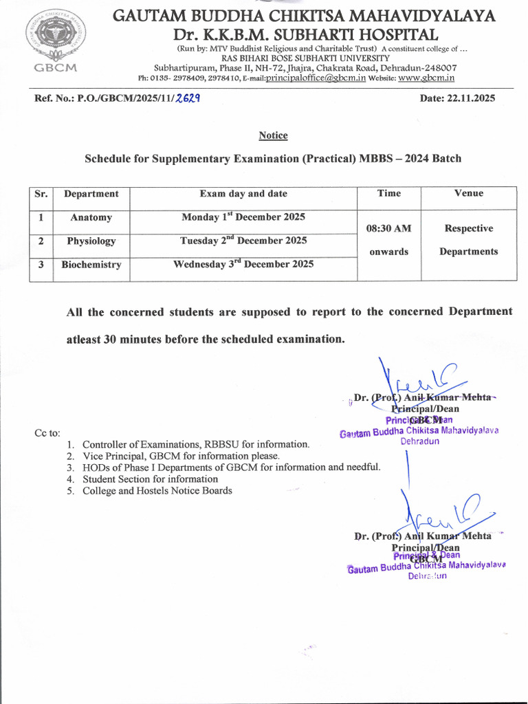 MBBS Phase I Supplementary Pratical Exam Dates December 2025 0001 | PDF