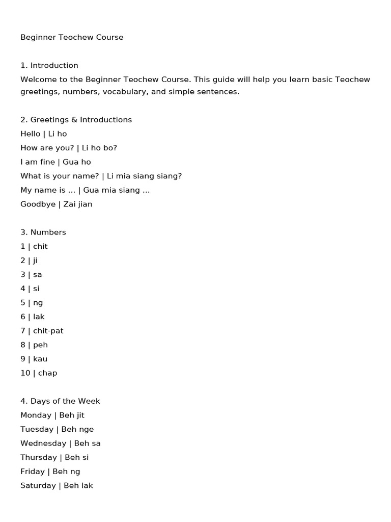 Beginner Teochew Language Guide | PDF